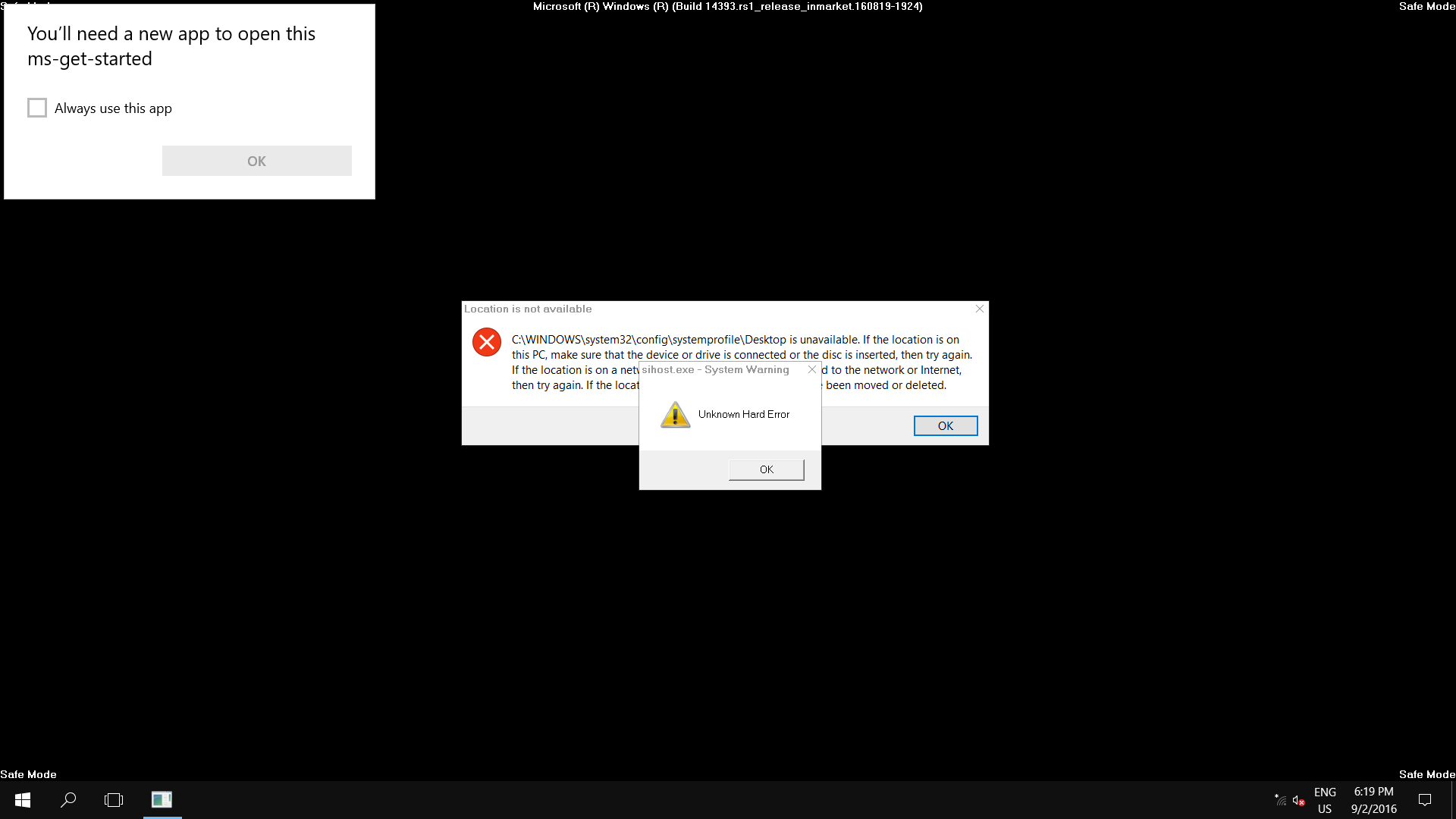 Как убрать developer error. Ошибка Windows 10. Окно ошибки Windows 10. Sihost.exe Unknown hard Error. Неизвестная ошибка виндовс 10.