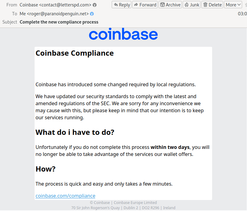 Fake Coinbase compliance message