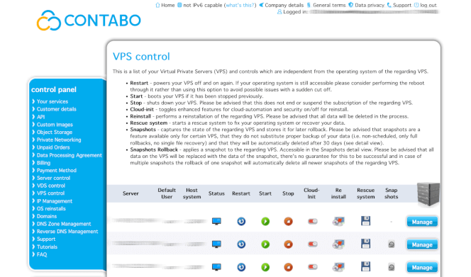 Contabo's VPS control panel