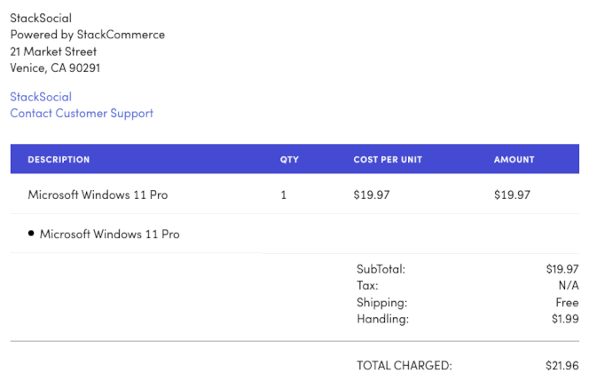The receipt from StackSocial after buying Windows 11 Pro for 20 dollars