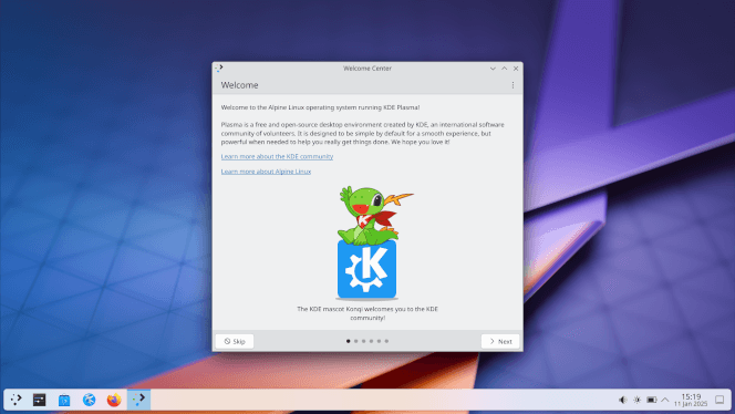 Alpine Linux running KDE Plasma